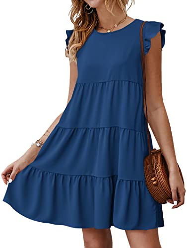 KIRUNDO Women's Summer Dresses Sleeveless Ruffle Sleeve Round Neck Solid Loose Short Flowy Pleated Mini Babydoll Dress