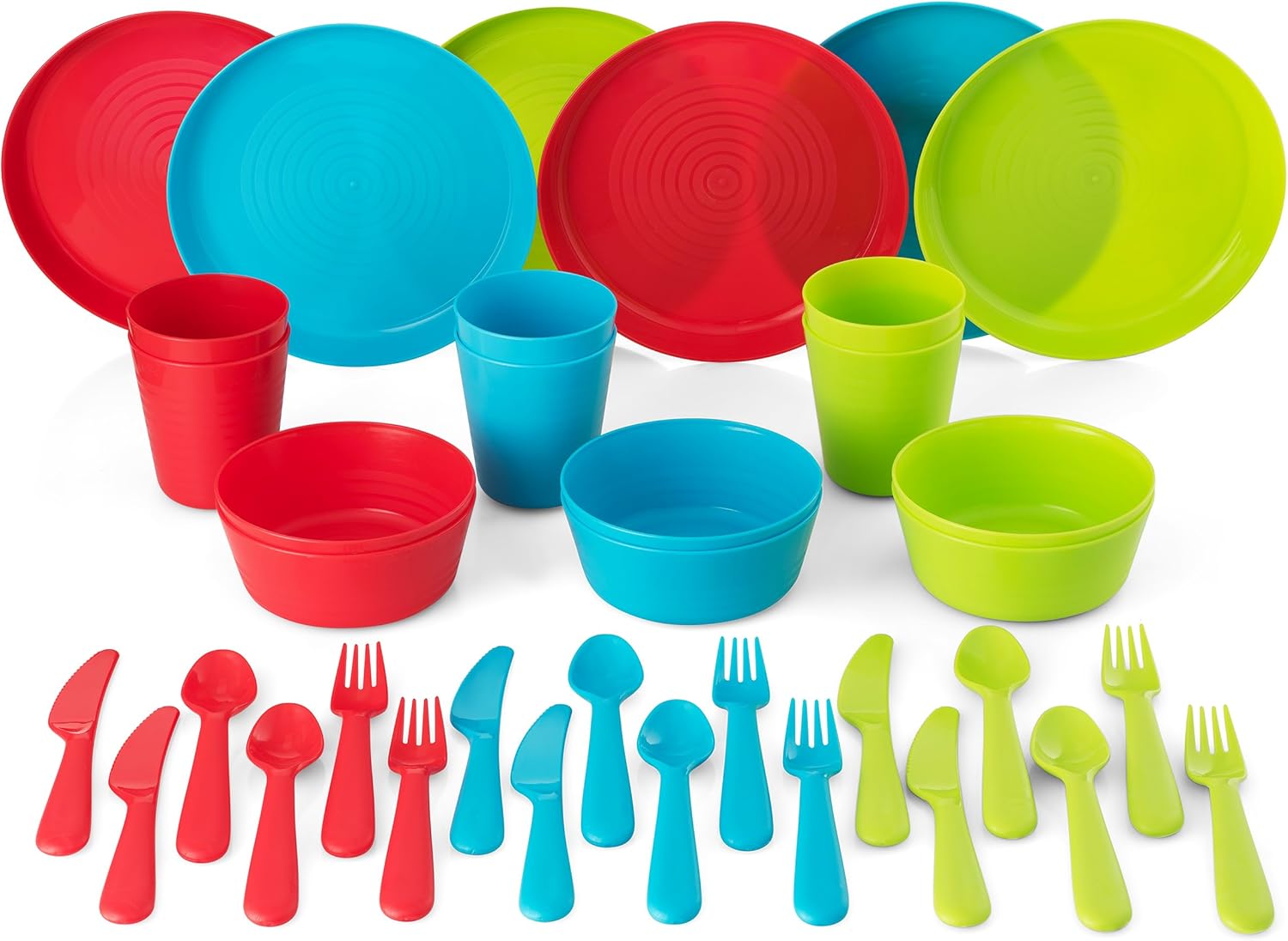 Kids Plastic Dinnerware Set - 36 Pc Reusable Children's Dinner Set Microwave/Dishwasher Safe BPA Free Toddler Dishes Dinnerware Set Includes Kids Plates and Bowls Kids Cups & Flatware.