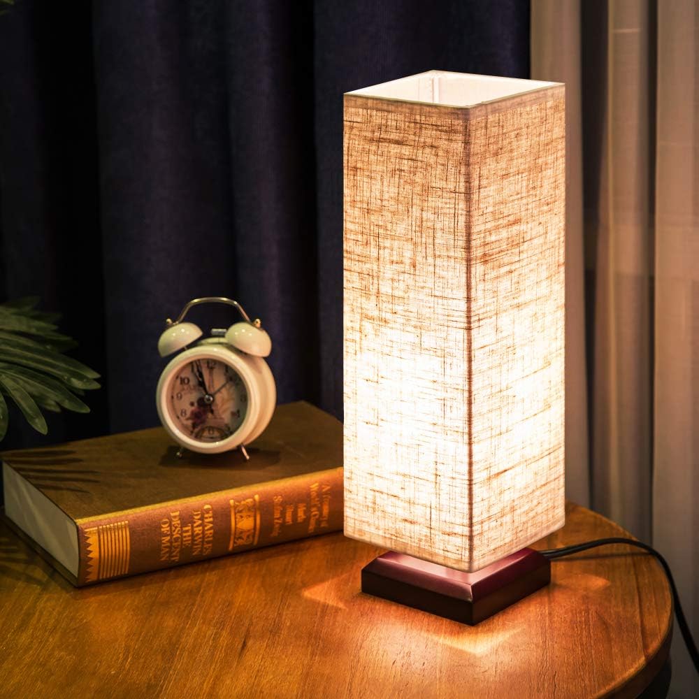 ZEEFO Bedside Table Lamp, Retro Style Solid Wood Base Table Lamps with Fabric Shade Nightstand Mini Desk Lamps for Bedroom, Living Room, Bookcase (Square)