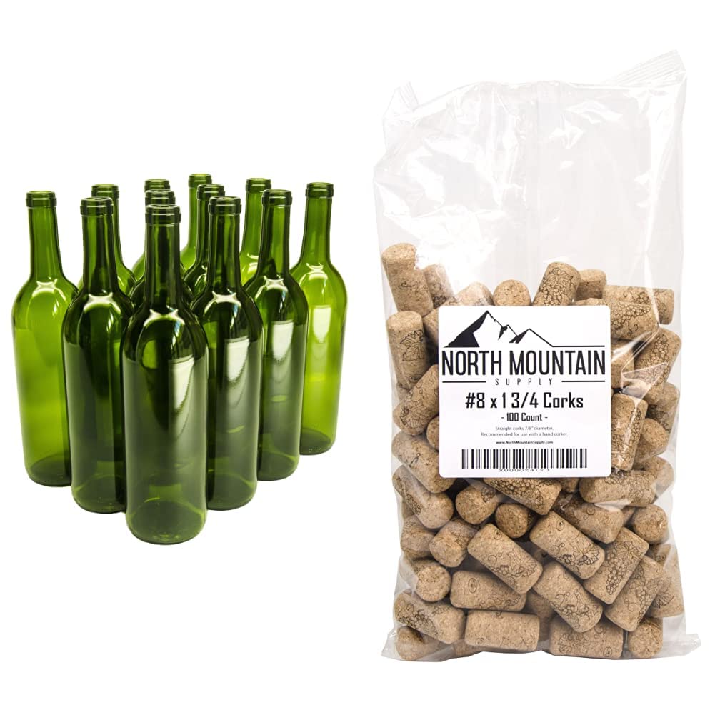 North Mountain Supply - W5CG 750ml Glass Bordeaux Wine Bottle Flat-Bottomed Cork Finish & NMS Amorim Grape #8#8 Premium Natural Agglomerated Corks 7/8