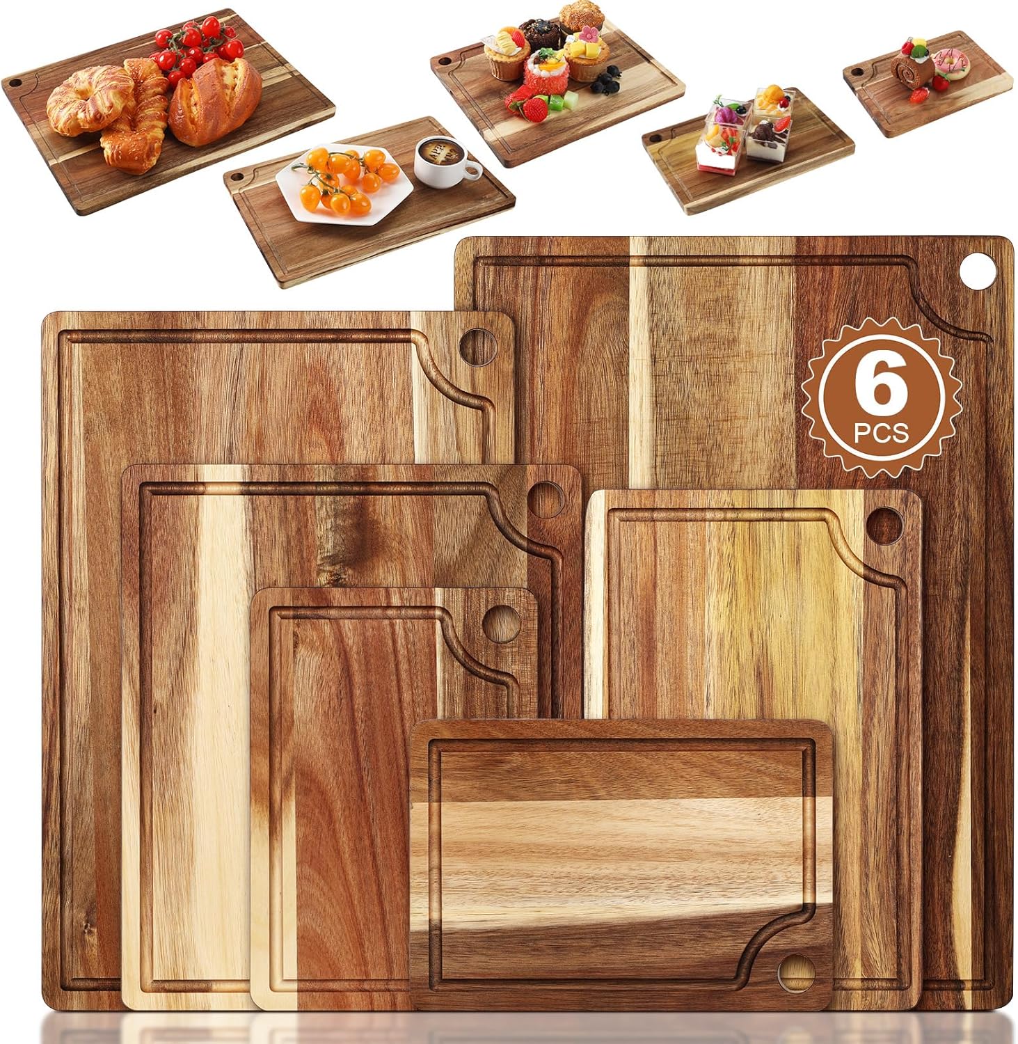 Set of 6 Acacia Wood Cutting Board for Kitchen Set Charcuterie Boards Wooden Chopping Board for Meat,17 x 12, 15 x 10, 12 x 10, 11 x 7, Double 9 x 6.1 Inch, Housewarming Gifts