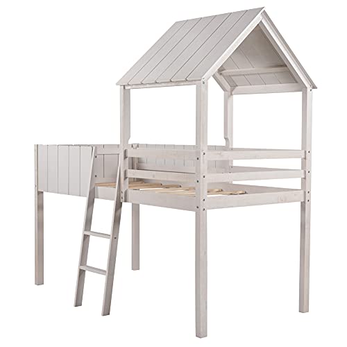 Twin Low Loft Bed with Ladder and Under-Bed Large Space, Pinewood House-Shaped Bed Frame with Roof and Fence-Shaped Guardrails, Bedroom Furniture (Wash Gray)