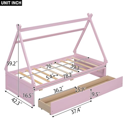 Twin Size House Platform Bed with Two Drawers Headboard and Footboard Wood Daybed Frame Bedroom Furniture for Girls BoysKids, No Box Spring Needed,Pink