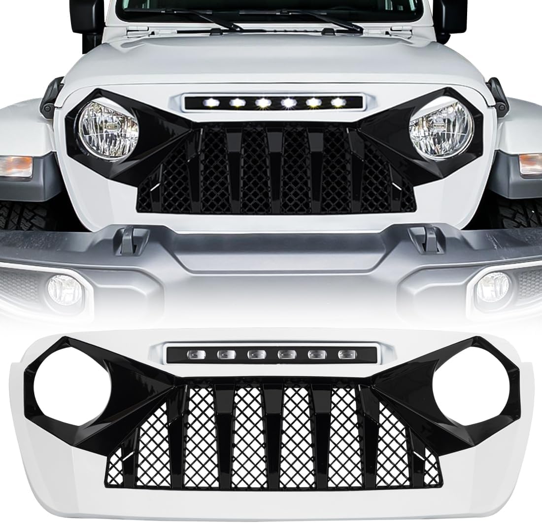 Front Grill Demon Grille Compatible with Jeep 2018+ Wrangler JL and 2020+ Gladiator JT Models, with Offroad Lights (White Black)