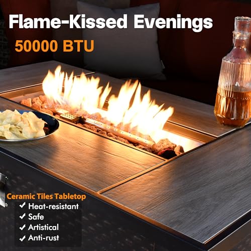 7 Pieces Patio Furniture Set with Fire Pit Table - All Weather Wicker Outdoor Patio Sectional Furniture Sofa Set,Luxury Modern Modular Patio Conversation Set w/Table,Dark Grey