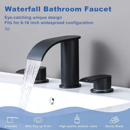 Brushed Nickel Waterfall Bathroom Faucets for Sink 3 Hole - Widespread Bathroom Faucet Two Handles 8 Inch, Modern Bathroom Sink Faucet, with Metal Pop Up Drain Assembly & Supply Lines