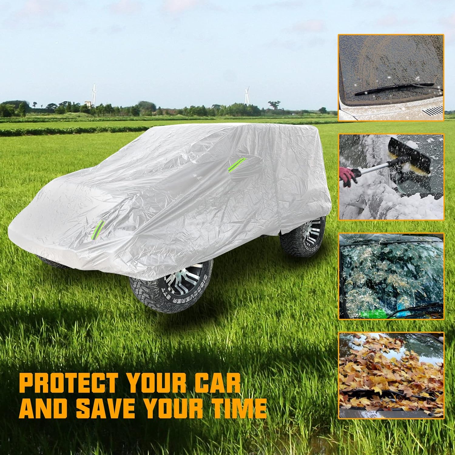 Winunite Silver Outdoor Full Car Cover Compatible with Jeep Wrangler CJ YJ TJ JK JL 4-Door 1965-2023 Waterproof Rain Protector All Weather Sun, Snow Car Covers with Driver Door Zipper