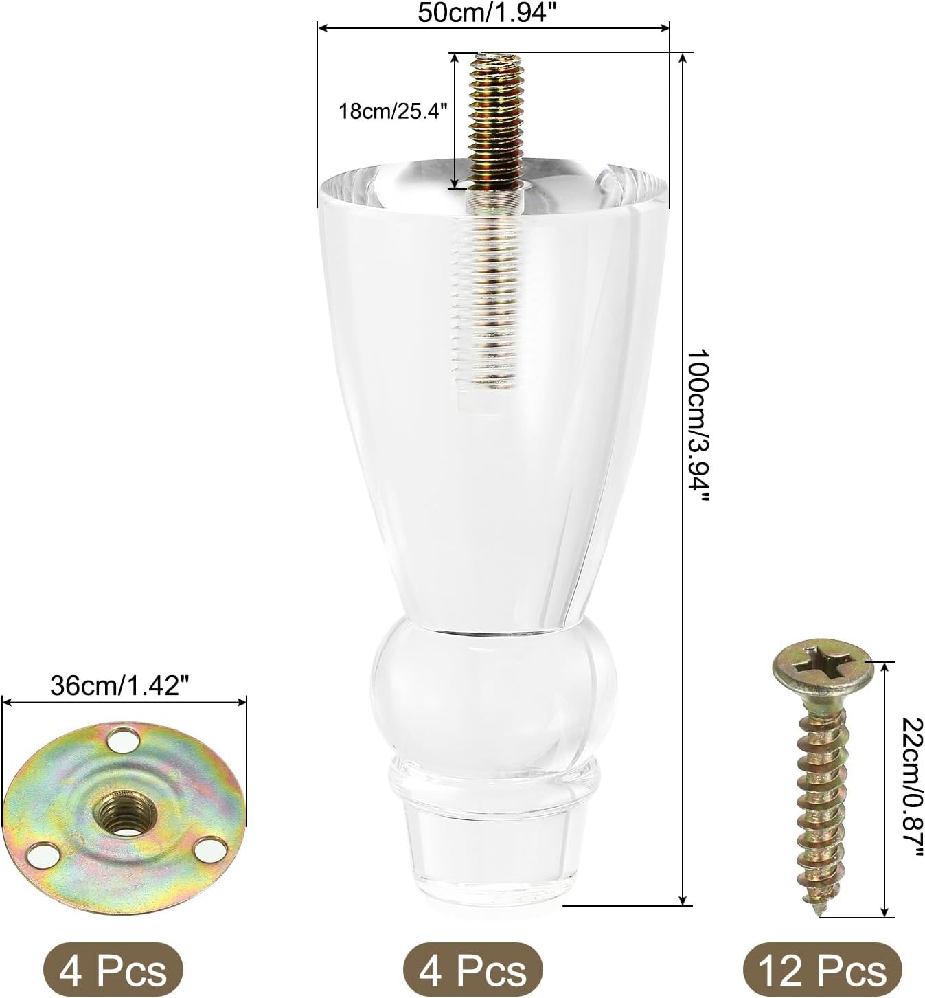 uxcell Acrylic Furniture Legs 4 inch Set of 4, Replacement Sofa Feet Cabinet Modern Clear with Installation Hardware for Couch, Bench, TV Stand, Chair, Dresser