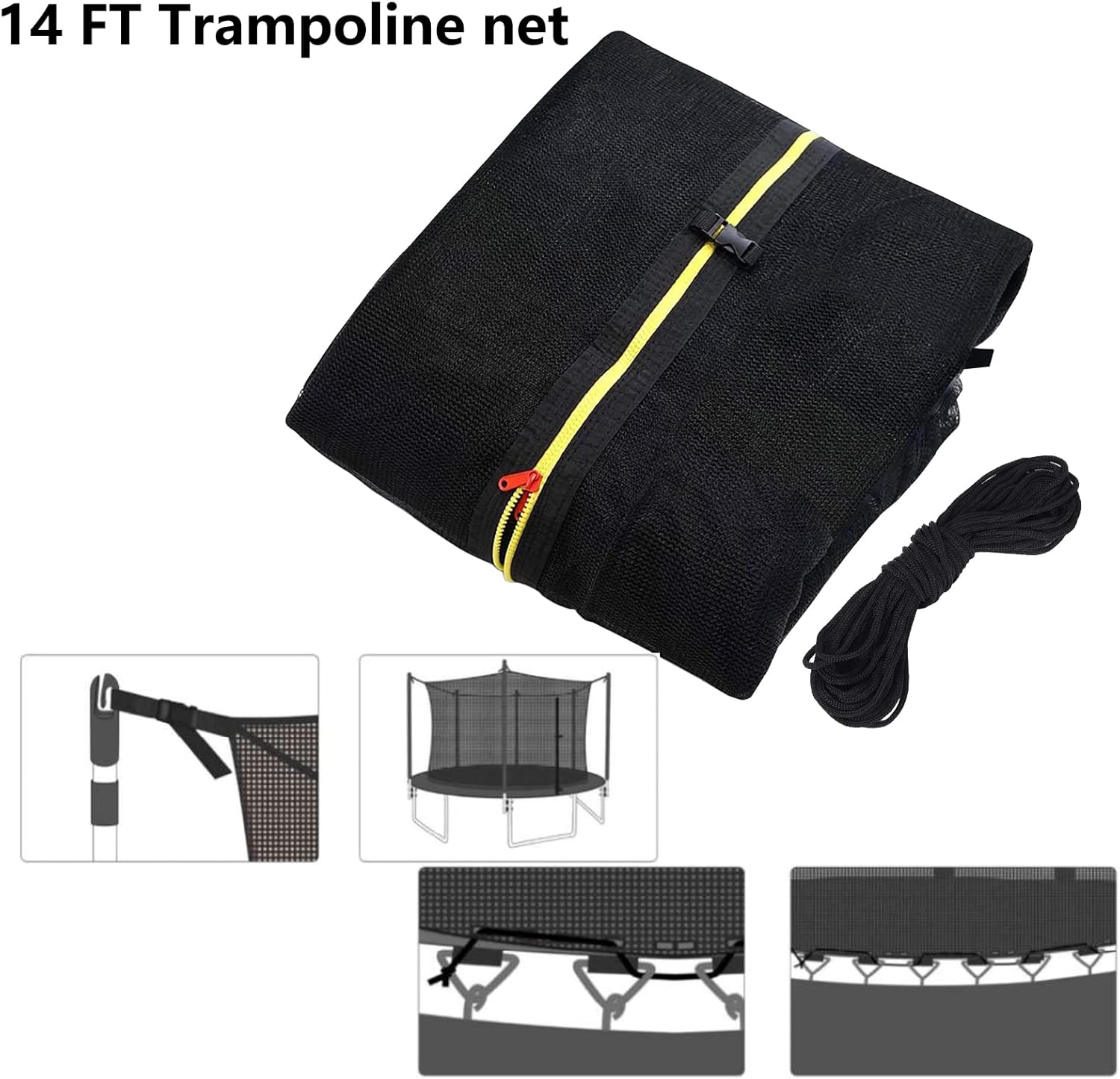 14 FT Trampoline Replacement Net with Poles, 6 Trampoline Net Poles with Connecters and Screws Bolts, Pole Caps, Only 6 Straight Poles 14 Feet Round Frame, Installs Inside Frame