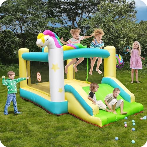 Step4fun Inflatable Bounce House, kids bouncy house for outdoor and indoor great gift for Toddlers with Hoop, Dart Game, Ring toss, Air Blower
