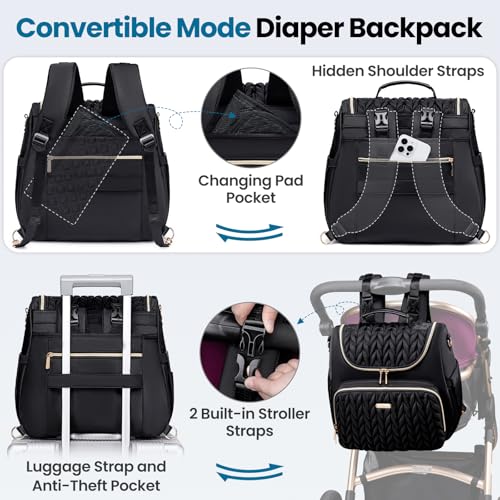 4 in 1 Convertible Diaper Bag Backpack,Waterproof Baby Diaper Bag with Changing Pad,Converts into Baby Tote Bag,Diaper Backpack,Stroller Bag and Crossbody Diaper Bag