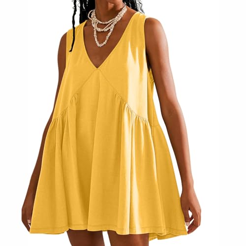 Womens Summer Sleeveless Mini Dress Casual Loose V Neck Sundress Trendy Pleated Dress Boho Beach Vacation Sun Dress