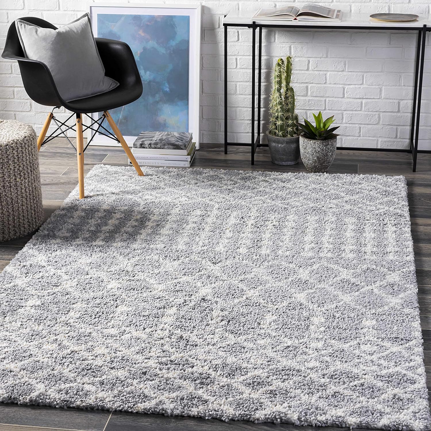 Hauteloom Lux Shag - Moroccan Farmhouse Living Room Shaggy Area Rug - Bohemian Shag Rug - Plush High Pile - Boho Soft Carpet - Trellis - Dark Grey, Grey, Off White, Beige - 5'3