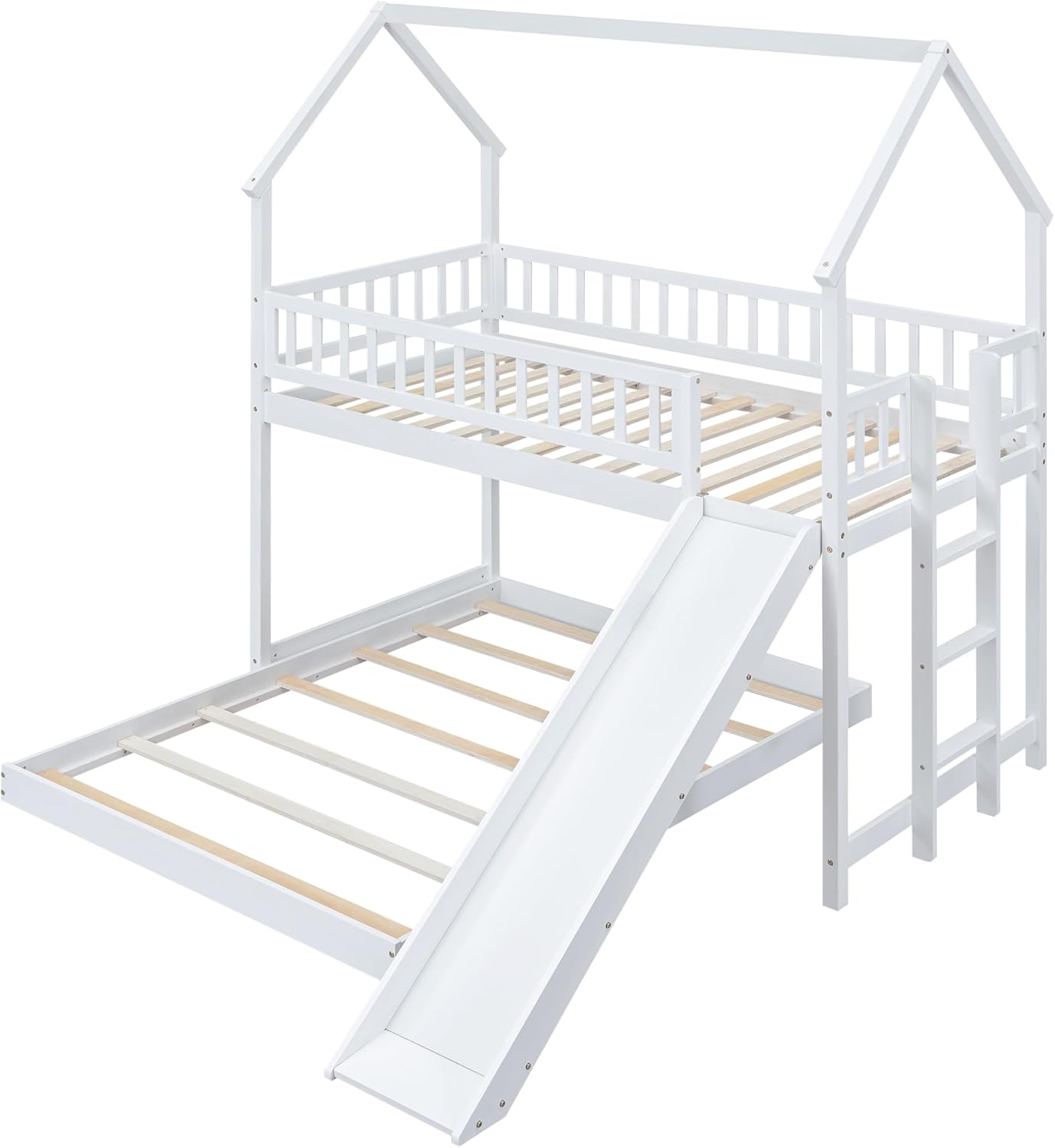 Twin Over Full House Bunk Bed with Slide and Built-in Ladder, Full-Length Guardrail, White