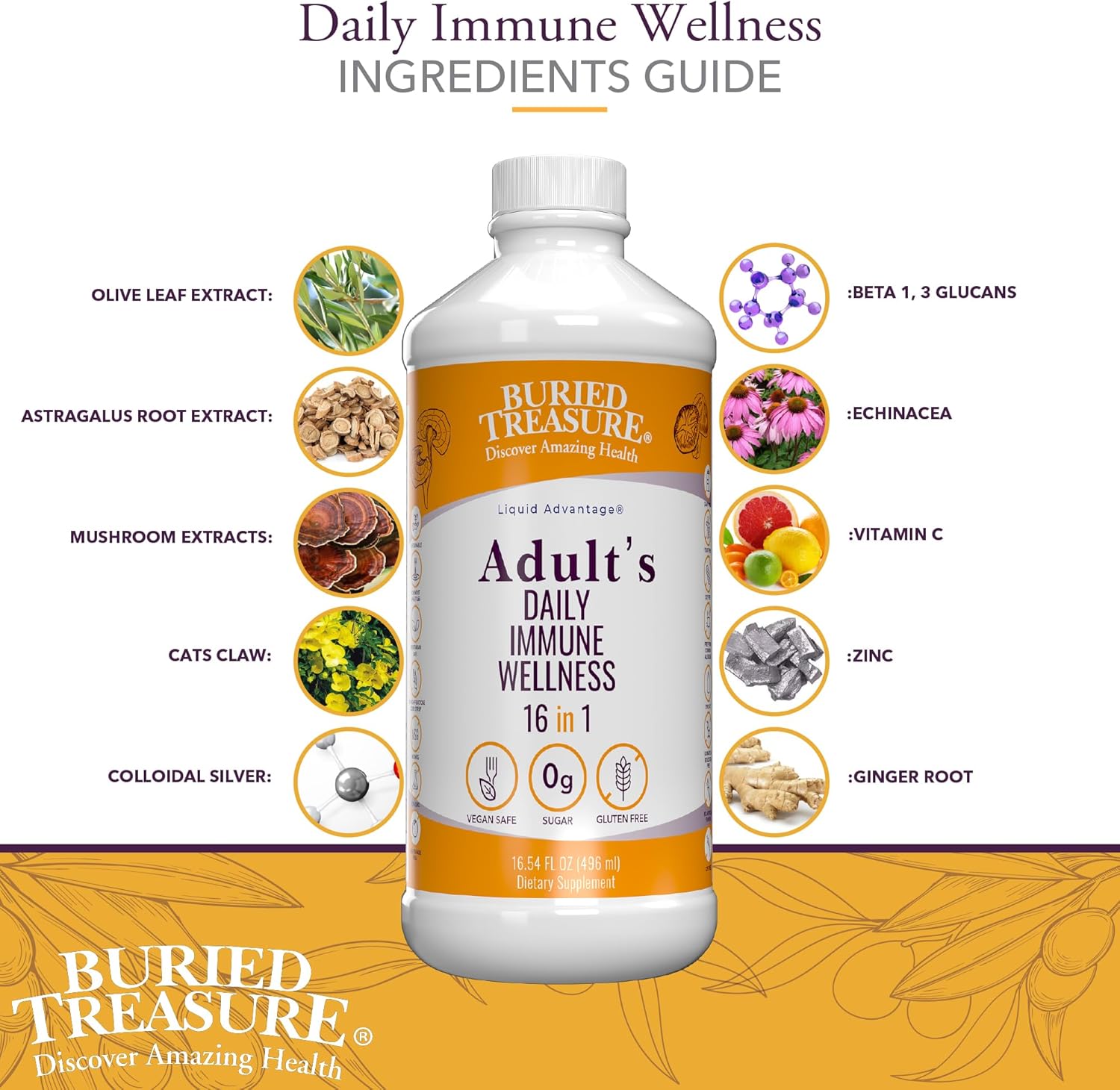 Buried Treasure Adult Daily Immune Wellness 16 Fl oz. Immune Booster with Elderberry Echinacea, Vitamins