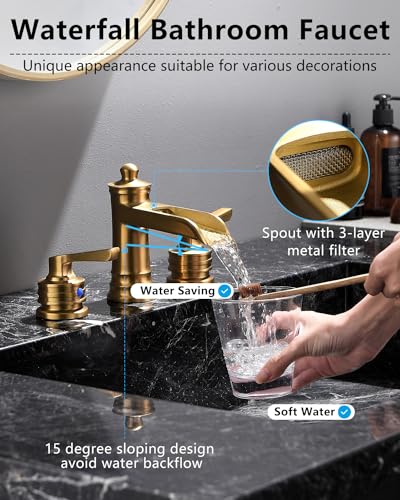 Fapully Brushed Nickel Bathroom Sink Faucet, Waterfall Bathroom Faucets 3 Hole, 8 Inch Widespread Bathroom Faucet with Pop-up Drain, 2-Handle Faucet for Bathroom Sink Vanity RV