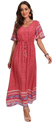 GRECERELLE Women Boho Summer Floral Print Loose Casual Dress V Neck Short Sleeve Drawstring Waist Flowy Long Maxi Dresses