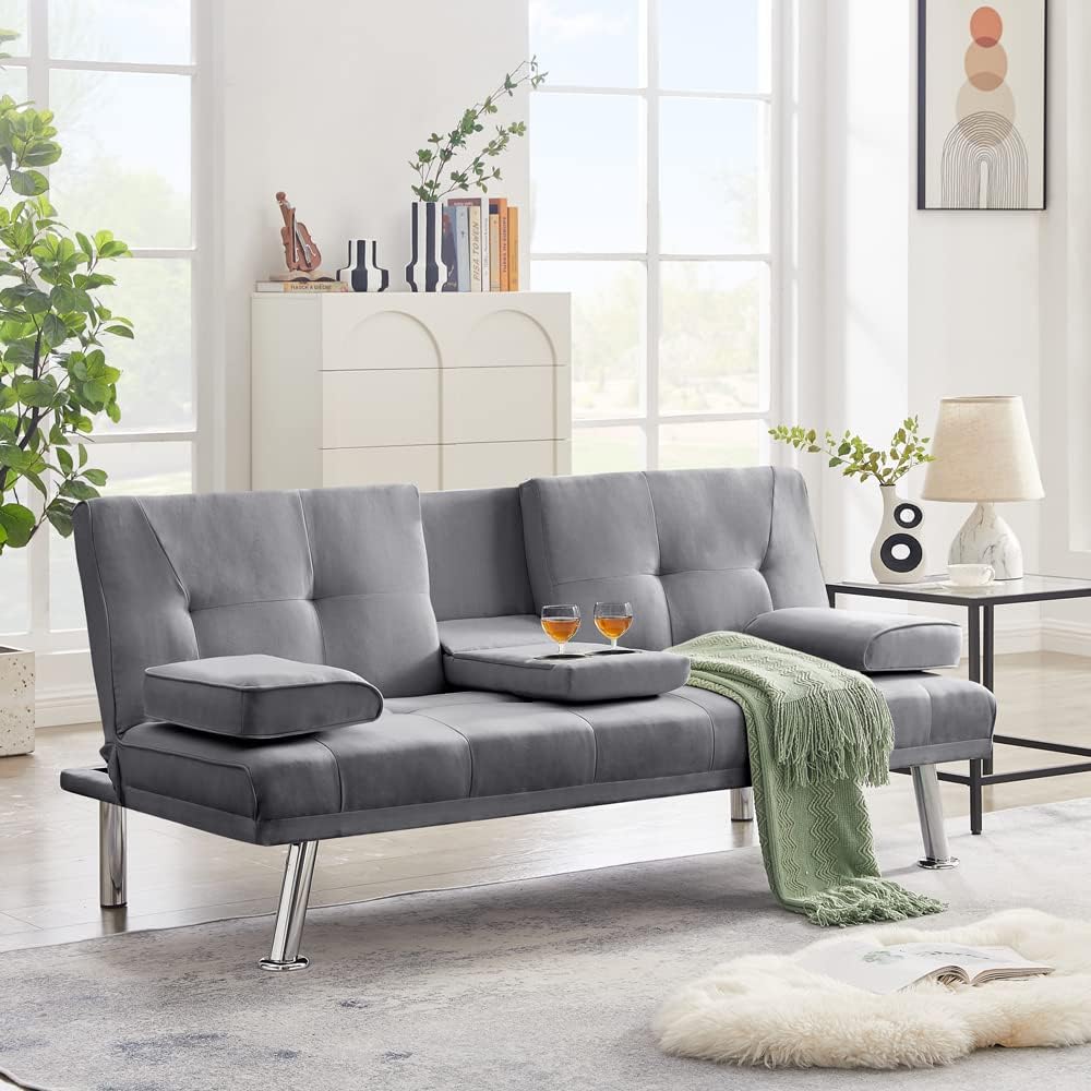 Convertible Folding Futon Sofa Bed, Fabric Linen Upholstered Modern Couch Loveseat Sleeper, Folding Daybed Guest Bed, Removable Armrests, 2 Cup Holders, Metal Legs，Gray