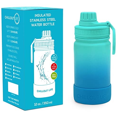 CHILLOUT LIFE 12 oz Kids Insulated Water Bottle for School with Leakproof Spout Lid and Cute Waterproof Stickers, Personalized Stainless Steel Thermos Flask Metal Water Bottle, Blue Space