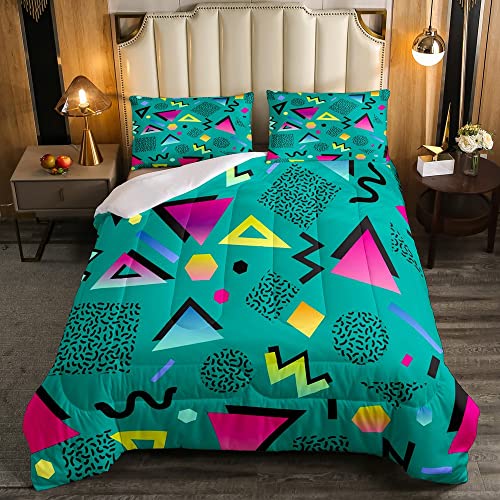 80s 90S Fashion Style Comforter Set Queen Size,Retro Memphis Style Pattern with Geometrical Shapes Bedding Set for Kids Child,Funky Hipster Old Fashioned Duvet Insert Geometric Bedroom Decor