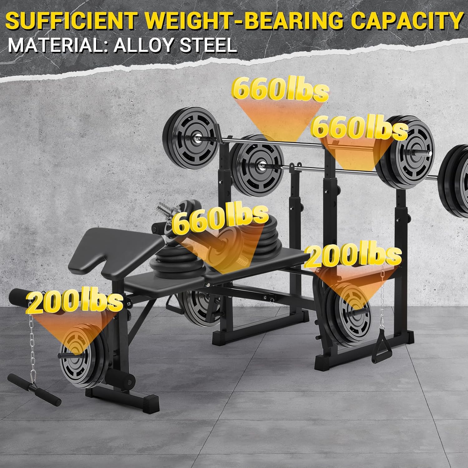 Adjustable Weight Bench Set for Home Gym, Foldable Workout Bench with Bench Press, Squat Rack, Preacher Curl, Leg Extension, Low Row, Chest Expansion, Sit Up for Full Body Exercise, Black