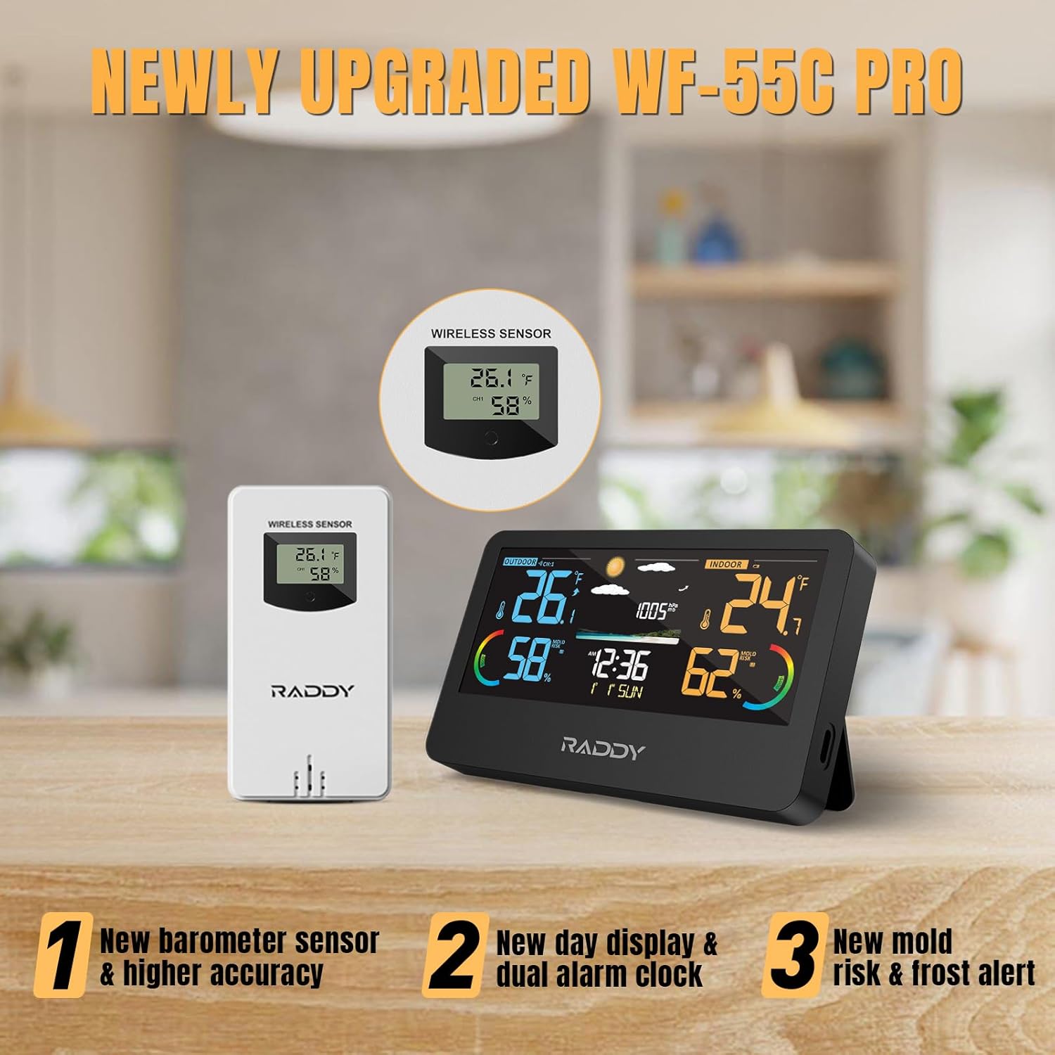 WF-55C PRO Weather Station Wireless Indoor Outdoor Thermometer Hygrometer Color Display Weather Forecast with Extra Sensor for Home Use + 2 Extra Sensors