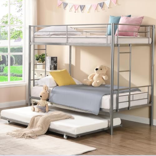 Metal Full XL Over Queen Bunk Beds for Adults, Heavy-Duty Bunk Bed Full XL Over Queen Size with Ladder for Kids Boys Girls Teens, Convertible to 2 separate beds, Weight capacity: 450 lbs (Black)