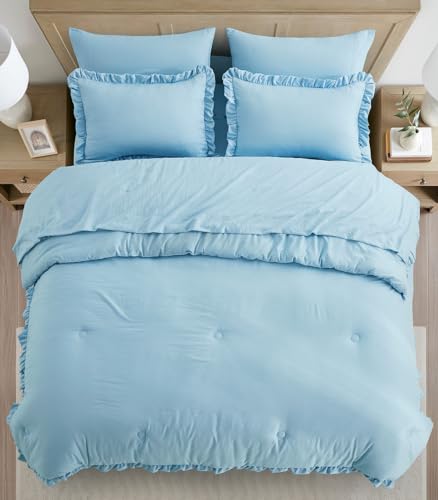 Chezmoi Collection Eleanora Twin Bed in a Bag 5-Pieces Ruffled Edge Trim Stone Washed Double Brushed Microfiber Comforter with Sheets Lightweight All Season Bedding Set (Twin, Dusty Blue)