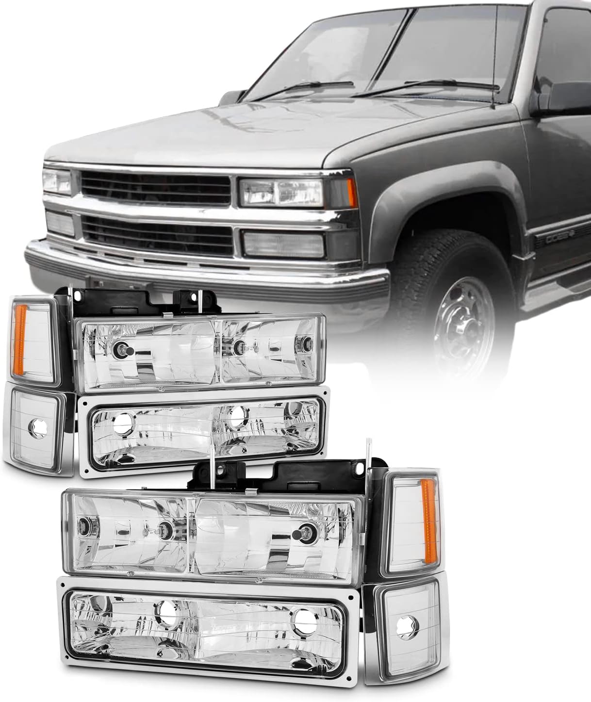 AKKON - For 94-98 Chevy C/K 1500/2500/3500 Tahoe Suburban Full Size C10 Chrome Headlights Driver+Passenger Headlamp