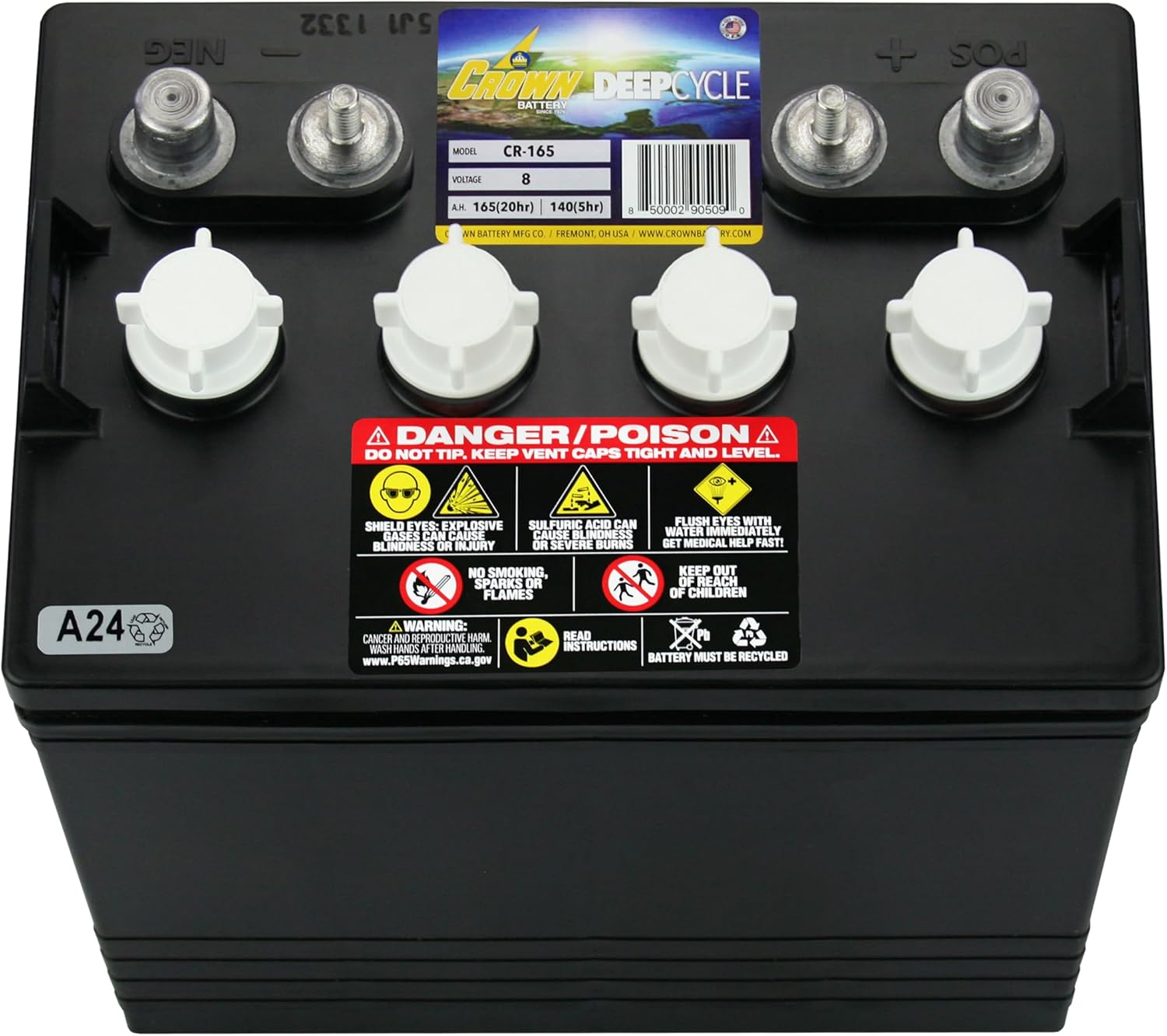 Crown CR-165 8V Deep-Cycle Flooded Battery replaces Trojan T-875 X4