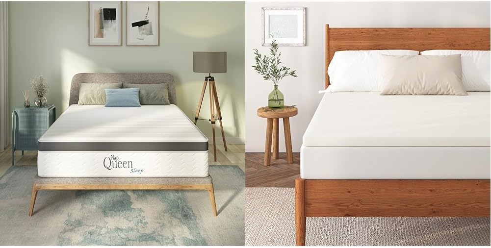 NapQueen 10 Inch Maxima Hybrid Mattress, Queen Size, Cooling Gel Infused Memory Foam,White & Gray 4 Inch Ventilated Memory Foam Mattress Topper, CertiPUR-US Certified, Queen