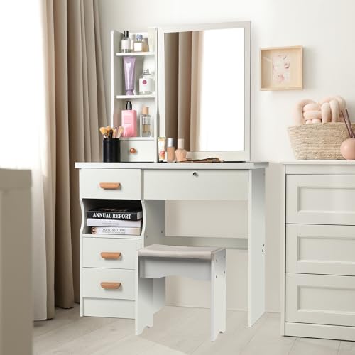 Vanity Desk,Vanity Makeup Desk with Sliding 3 Lighted Mirror,Makeup Vanity Table with 4/5/6 Drawers,Storage Bench,Makeup Table with Drawers & Cabinet,Storage Stool for Bedroom,Bathroom,US Fast