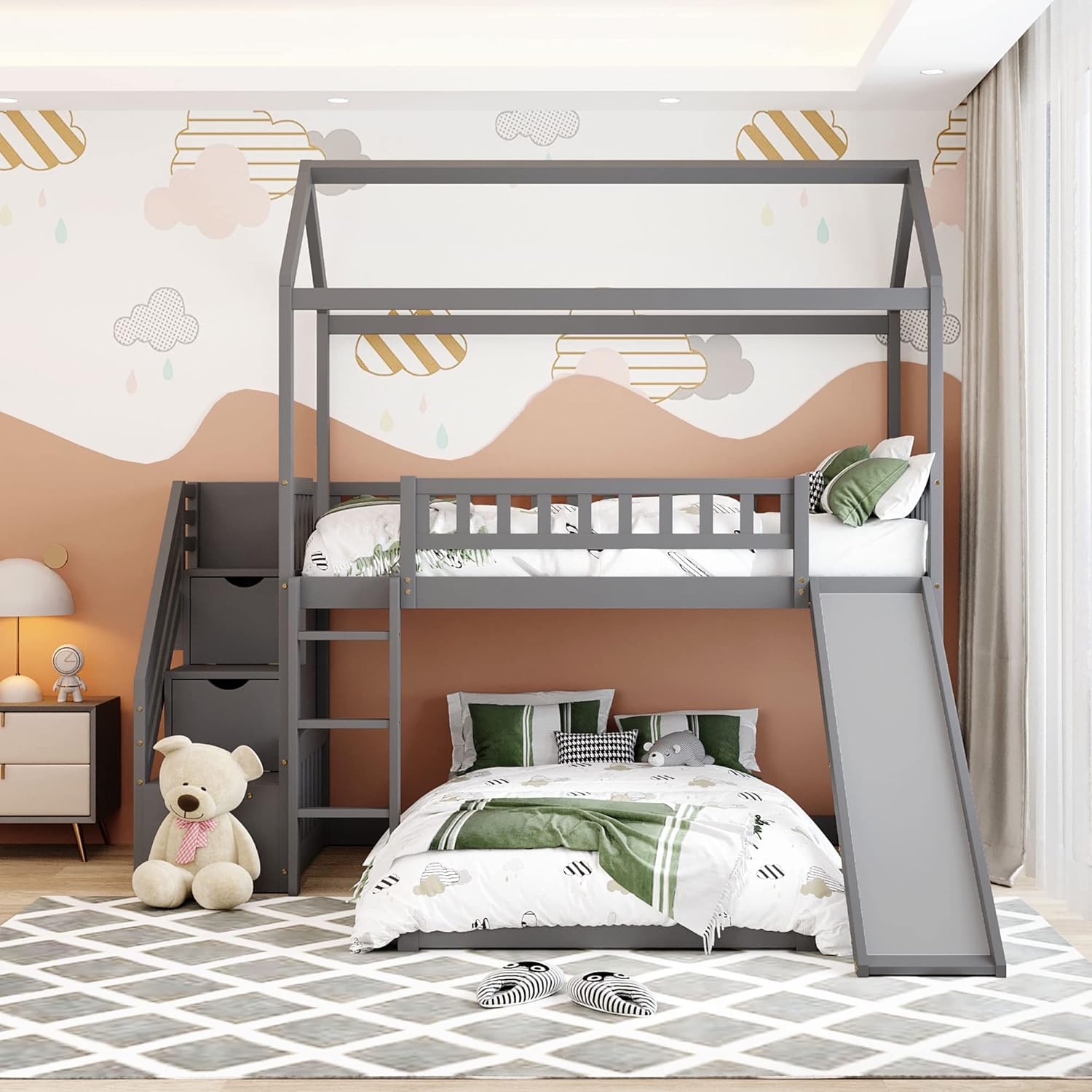 Loft Bed Twin with Two Drawers and Slide, House Bed with Slide, Twin Loft Bed Frame No Box Spring Needed，Gray