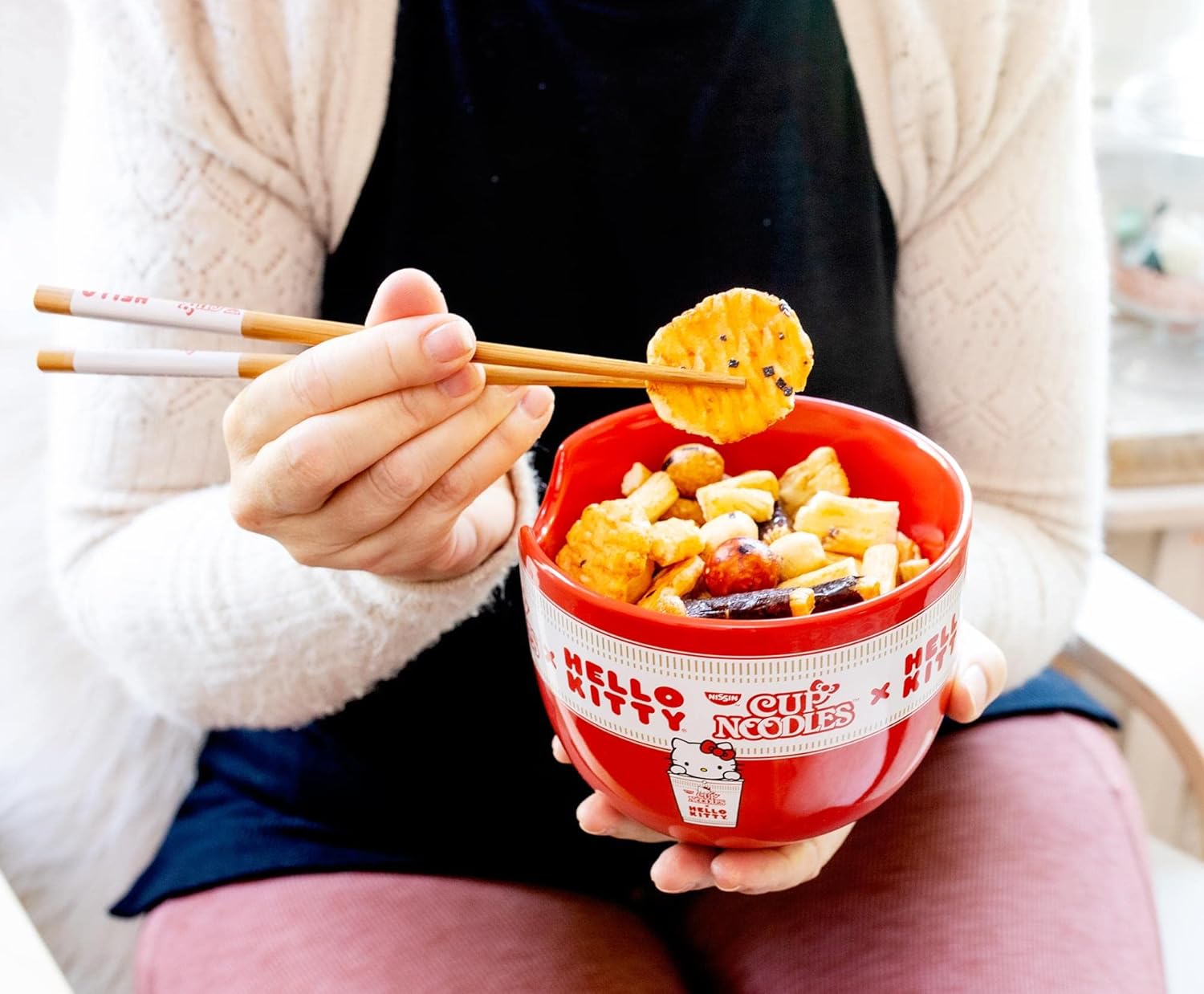 Silver Buffalo Sanrio Hello Kitty x Nissin Cup Noodles Red Ceramic Dinnerware Set | Includes Ramen Noodle Bowl and Wooden Chopsticks