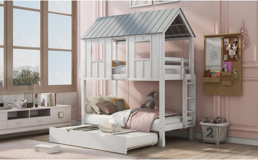 House Bunk Bed with Trundle,Roof and Windows,White 3-Numbers of Package Pine Wood +MDF Twin/Twin 79.6