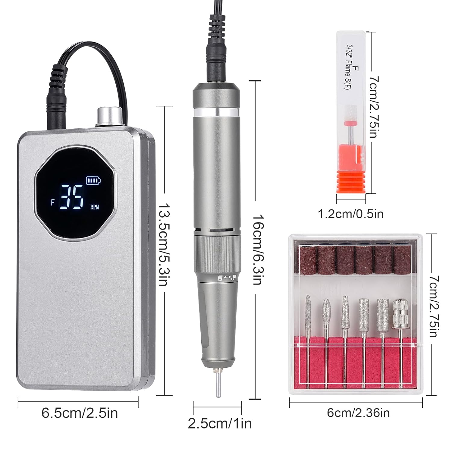 Electric Nail Drill Machine, Portable Rechargeable 35000RPM Nail Filer Electric for Acrylic Nails, Manicure Pedicure Polishing Shape Tools for Home Use and Salon