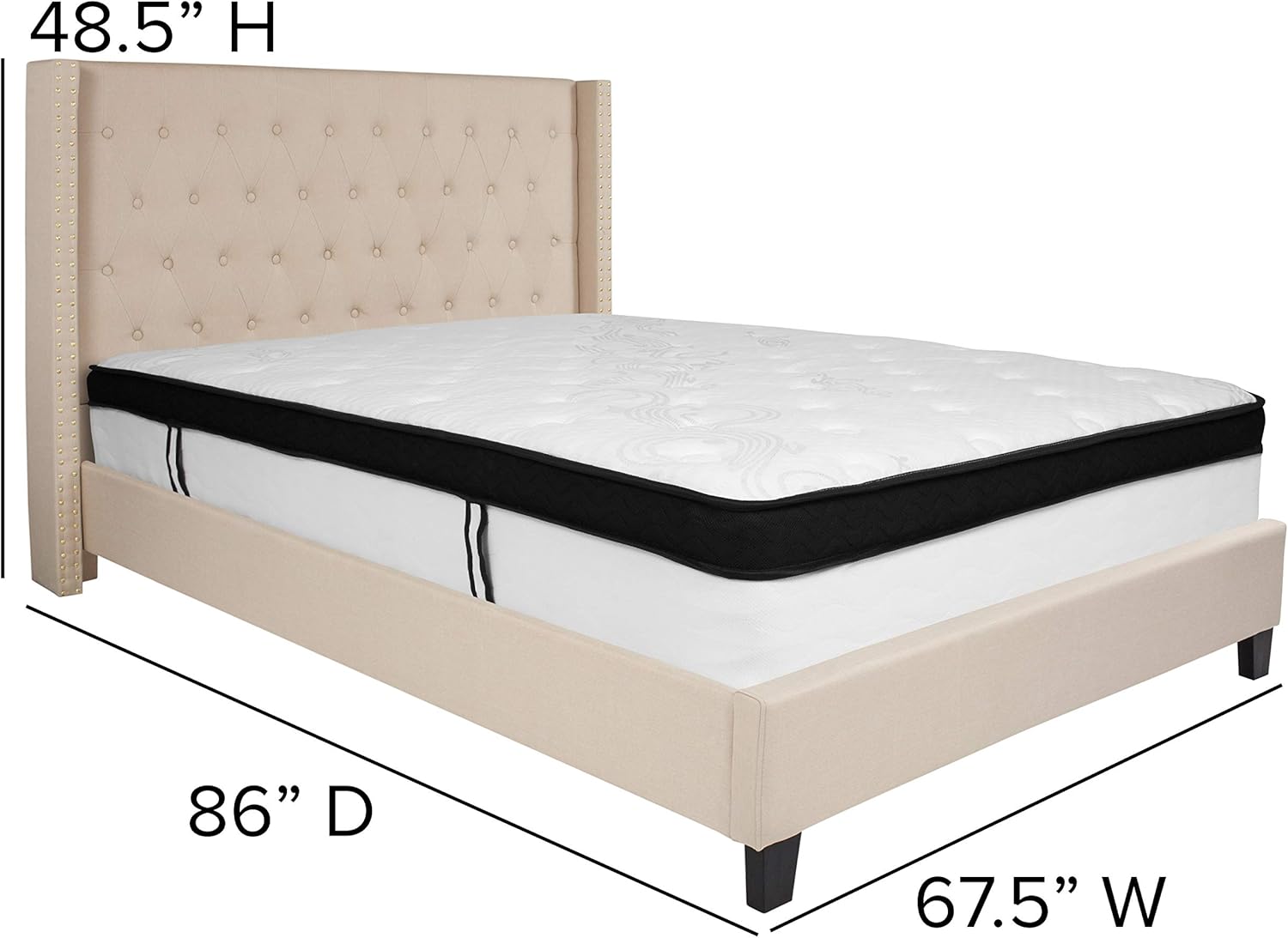 Flash Furniture Riverdale Queen Size Tufted Upholstered Platform Bed in Beige Fabric with Memory Foam Mattress