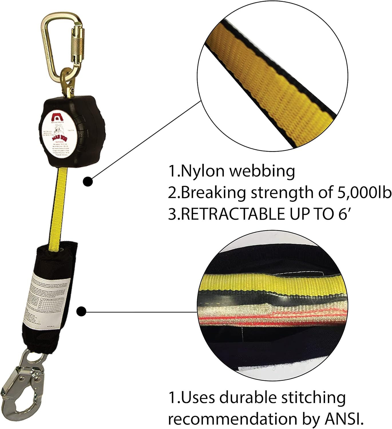 Madaco Mad Dog Roof Construction Fall Protection Heavy Duty Industrial Safety 6' Self Retractable Shock Pack Lanyard, Self Retracting Lifeline, snap hook SRL-9166