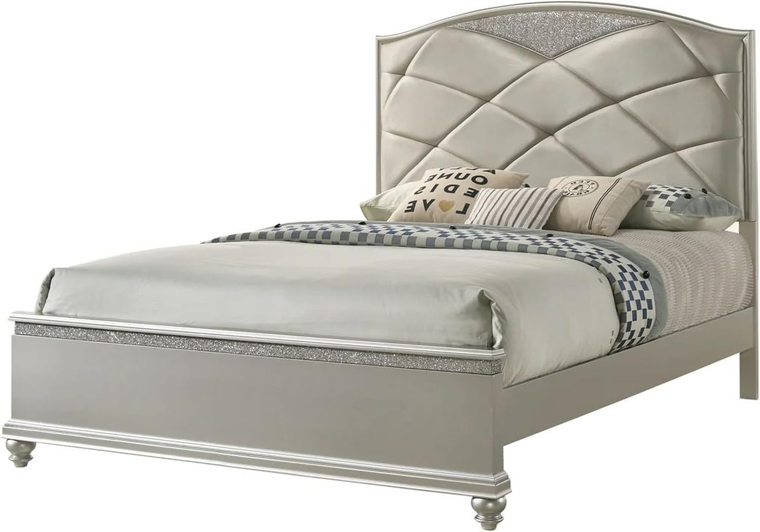 Benjara Vala Queen Bed, Faux Leather Headboard, Grid Tufted, Acrylic Accents, Taupe