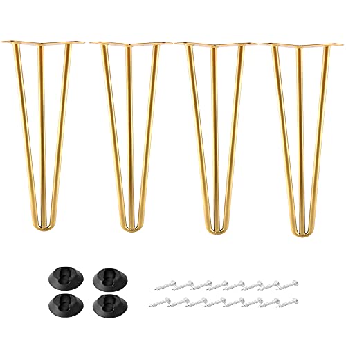 10 Inch Hairpin Legs Metal - 1/2” Dia 3 Rods Design - Mid Century Furniture Table Legs, DIY Furniture Hairpin Feet Gold for Nightstand, Coffee Table and TV Stand, Set of 4