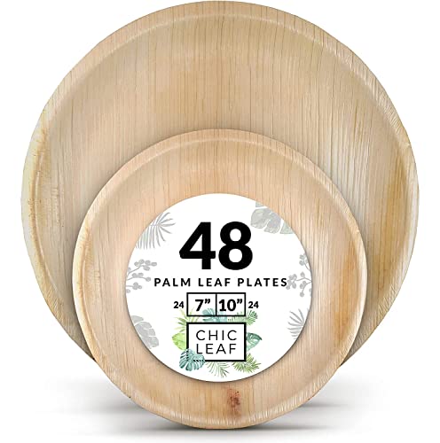 Chic Leaf Palm Leaf Plates Disposable Bamboo Plates Like 10 Inch & 7 Inch Round Party Pack (48 pk) Compostable and Biodegradable - Better than Plastic, Paper and Wood Plates