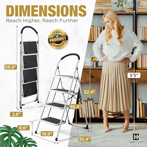 CAPHAUS 3-Step Ladder, Portable Folding Step Stool with Extra Wide Anti-Slip Pedal, Heavy Duty Foldable Small Step Ladder with Hand Grip, ANSI A14.11 Certified Sturdy Step Stool, White