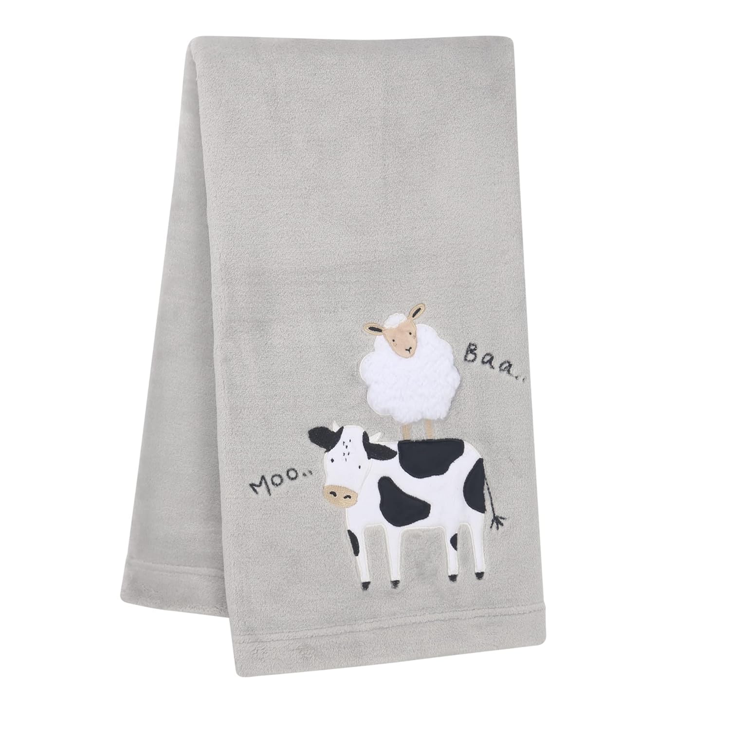Lambs & Ivy Baby Farm Cow/Sheep Appliqued Gray Luxury Fleece Baby Blanket