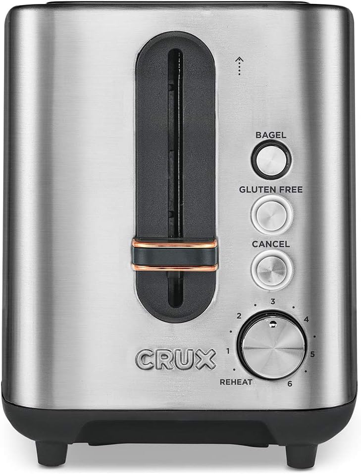 Crux 2 Slice Stainless Steel Toaster, Extra Wide Slots, Quick & Precise 6-Setting Shade Control, Reheat, Bagel and Gluten Free Function, Slide-Out Crumb Tray for Easy Clean Up, Silver/Copper Accents