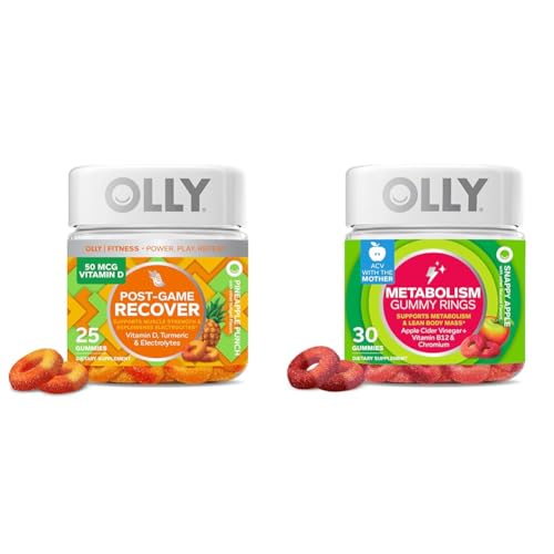 OLLY Post-Game Recover Workout Gummy Rings, Vitamin D, Turmeric, Electrolytes, Pineapple Punch Flavor - 25 Count