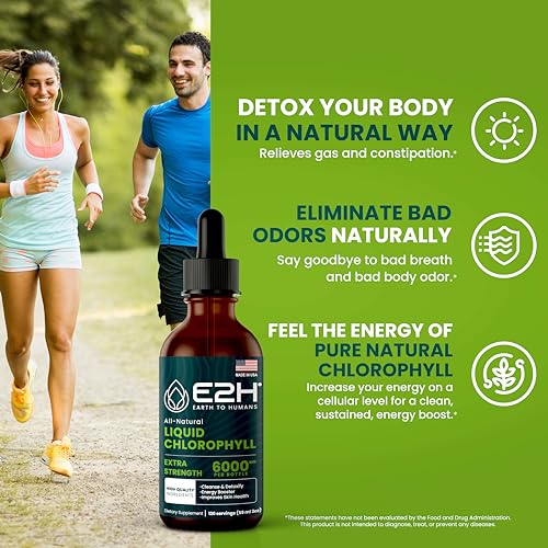 E2H Chlorophyll Liquid Drops - Natural Energy Booster, Immune System Support and Internal Deodorant - Peppermint Flavor - 2 Fl Oz