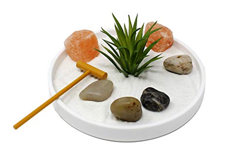 Nature's Mark Mini Zen Garden Kit for Desk with White Sand, Rake, White Base, Salt Rock and Air Plant (Triangle)