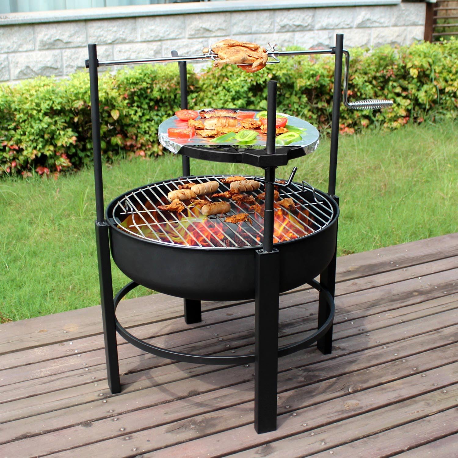 26 inch Fire Pit with 2 Grills &1 Rotisserie Kit, Wood Burning Fire Pits for Outside with Poker & Round Waterproof Cover, BBQ& Outdoor Firepit 2 in 1 for Patio, Picnic, Party