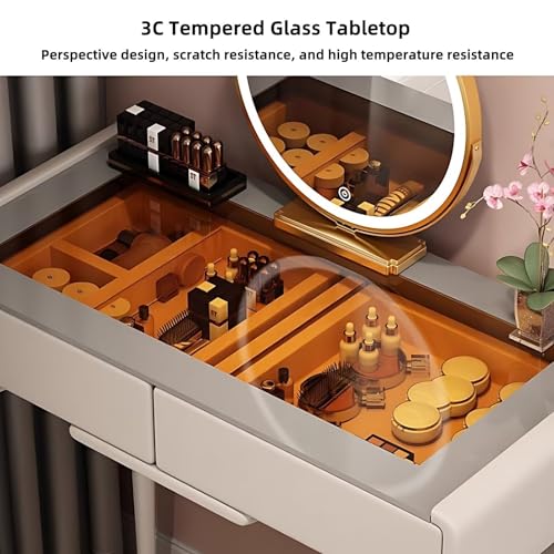 Solid Wood Makeup Vanity - Luxury Vanity Desk with Smart LED Lights Mirror & Tempered Glass Tabletop, Bedroom Dressing Table Include 4 Drawers and Leather Wrapped, Chair (White,27.56'')