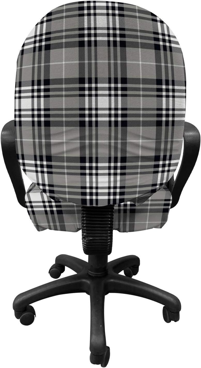 Ambesonne Checkered Office Chair Slipcover, Old Fashioned Plaid Tartan in Dark Colors Classic English Tile Symmetrical, Protective Stretch Decorative Fabric Cover, Grey Black White